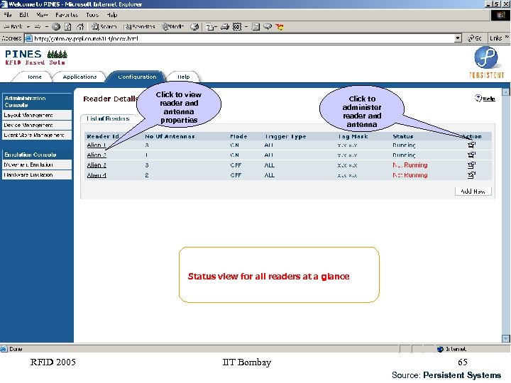 Click to view reader and antenna properties Click to administer reader and antenna Status