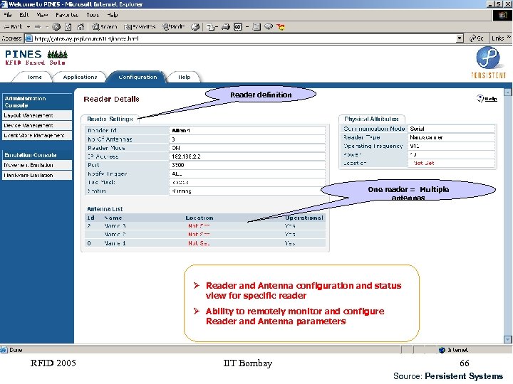 Reader definition One reader = Multiple antennas Reader and Antenna configuration and status view