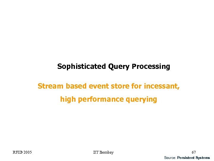 Sophisticated Query Processing Stream based event store for incessant, high performance querying RFID 2005