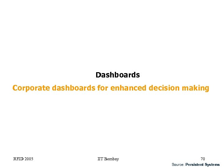 Dashboards Corporate dashboards for enhanced decision making RFID 2005 IIT Bombay 70 Source: Persistent