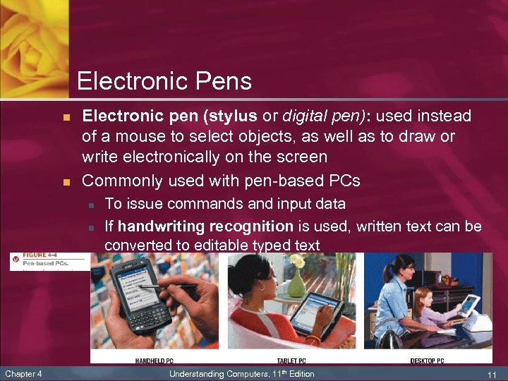 Electronic Pens n n Electronic pen (stylus or digital pen): used instead of a
