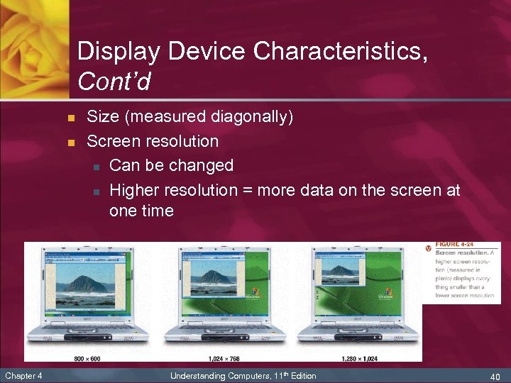 Display Device Characteristics, Cont’d n n Chapter 4 Size (measured diagonally) Screen resolution n