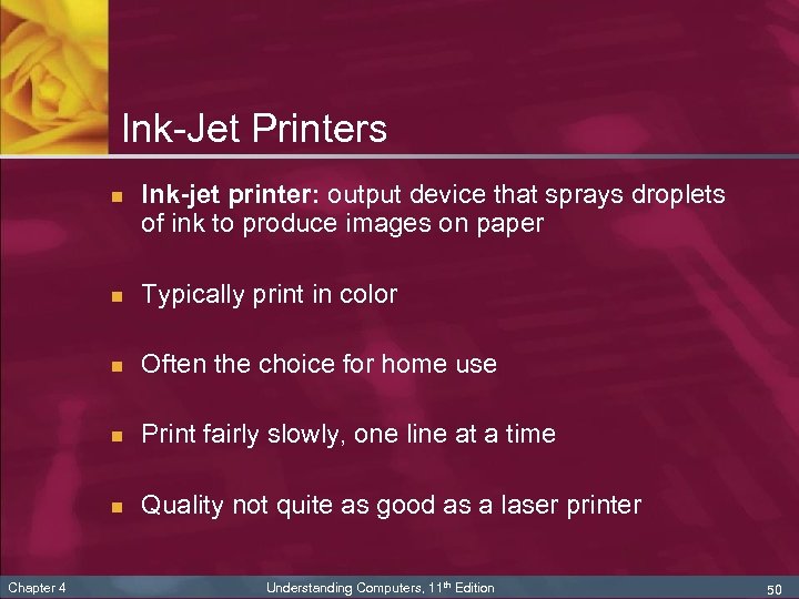 Ink-Jet Printers n Ink-jet printer: output device that sprays droplets of ink to produce