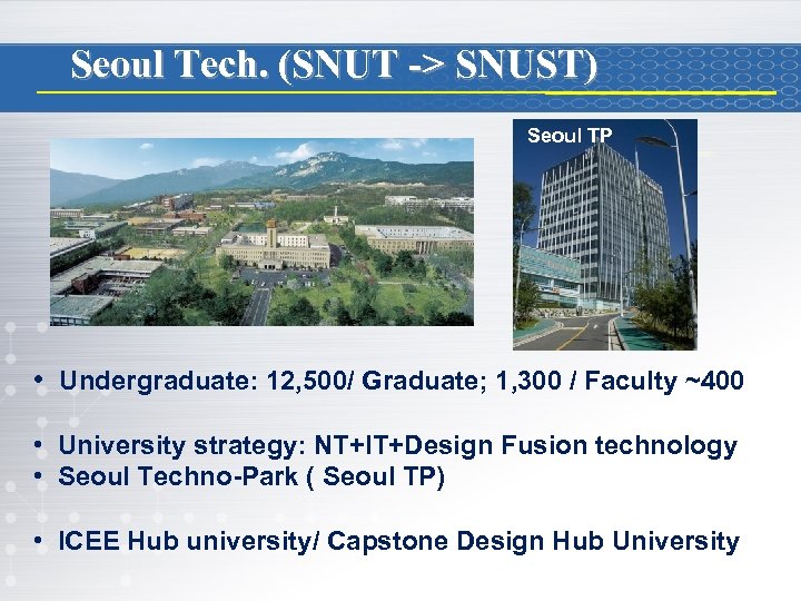 Seoul Tech. (SNUT -> SNUST) Seoul TP • Undergraduate: 12, 500/ Graduate; 1, 300