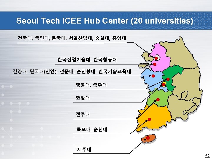 Seoul Tech ICEE Hub Center (20 universities) 건국대, 국민대, 동국대, 서울산업대, 숭실대, 중앙대 한국산업기술대,