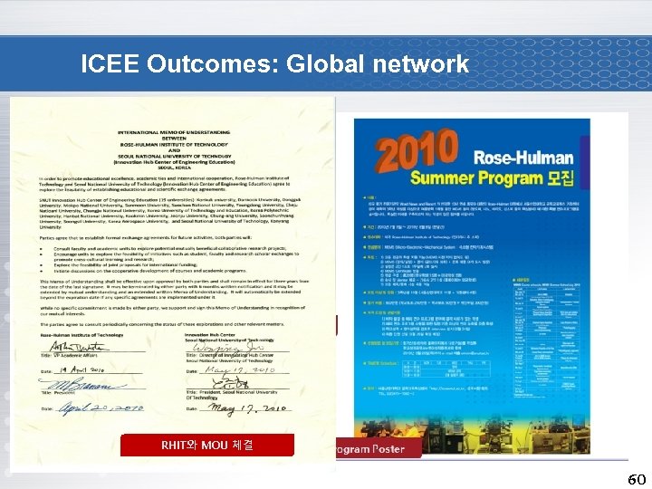 ICEE Outcomes: Global network On 17 th November, 2010 “International Capstone Design Fair” RHIT와