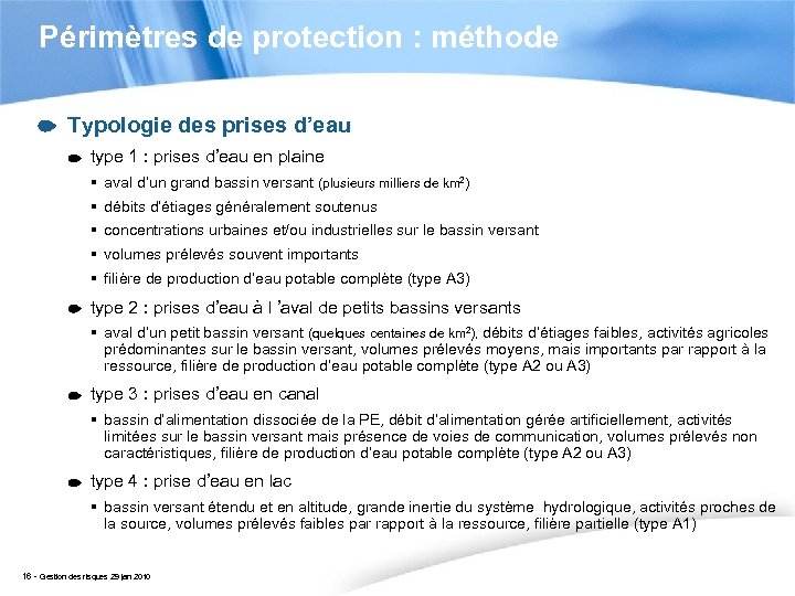 Périmètres de protection : méthode Typologie des prises d’eau type 1 : prises d’eau