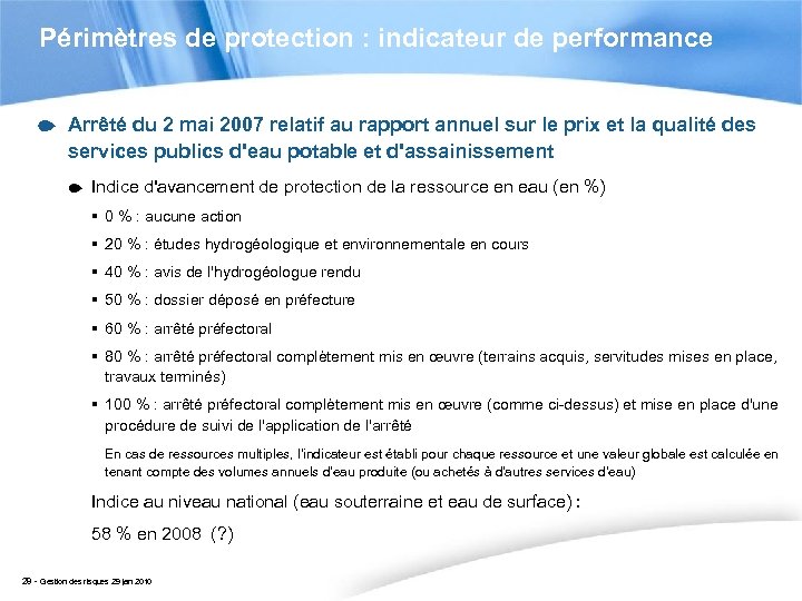 Périmètres de protection : indicateur de performance Arrêté du 2 mai 2007 relatif au