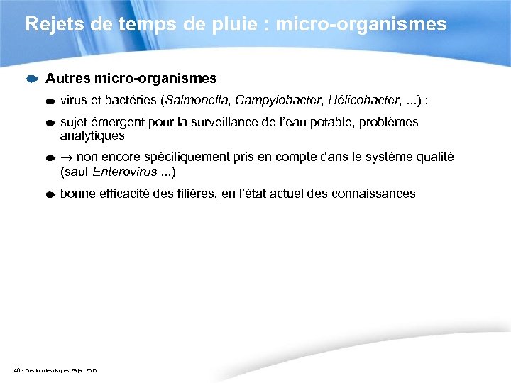 Rejets de temps de pluie : micro-organismes Autres micro-organismes virus et bactéries (Salmonella, Campylobacter,
