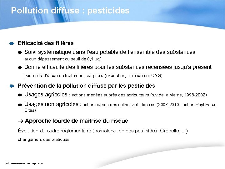 Pollution diffuse : pesticides Efficacité des filières Suivi systématique dans l’eau potable de l’ensemble