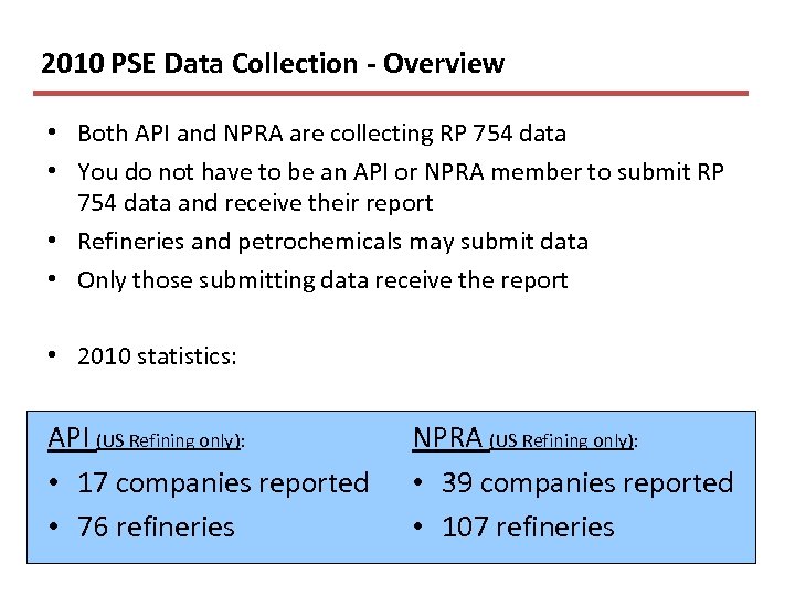 2010 PSE Data Collection - Overview • Both API and NPRA are collecting RP