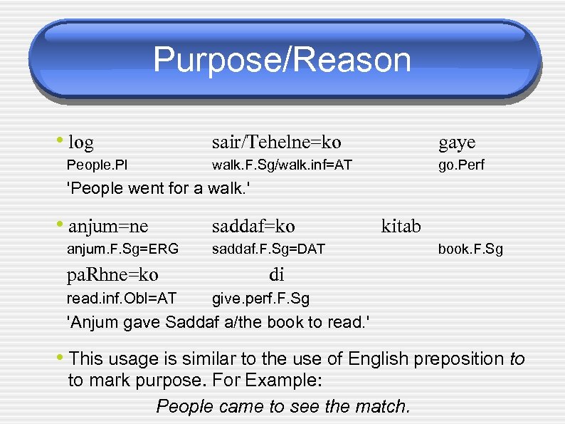 Purpose/Reason • log People. Pl sair/Tehelne=ko gaye walk. F. Sg/walk. inf=AT go. Perf 'People