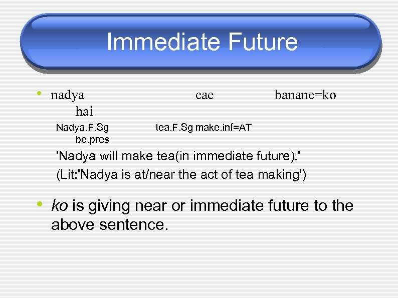 Immediate Future • nadya cae banane=ko hai Nadya. F. Sg be. pres tea. F.