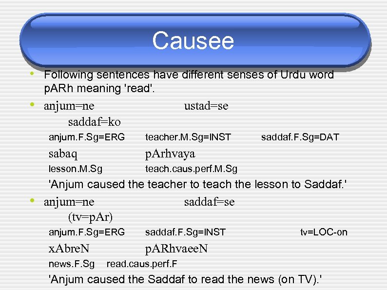 Causee • Following sentences have different senses of Urdu word p. ARh meaning 'read'.