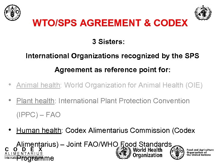 WTO/SPS AGREEMENT & CODEX 3 Sisters: International Organizations recognized by the SPS Agreement as