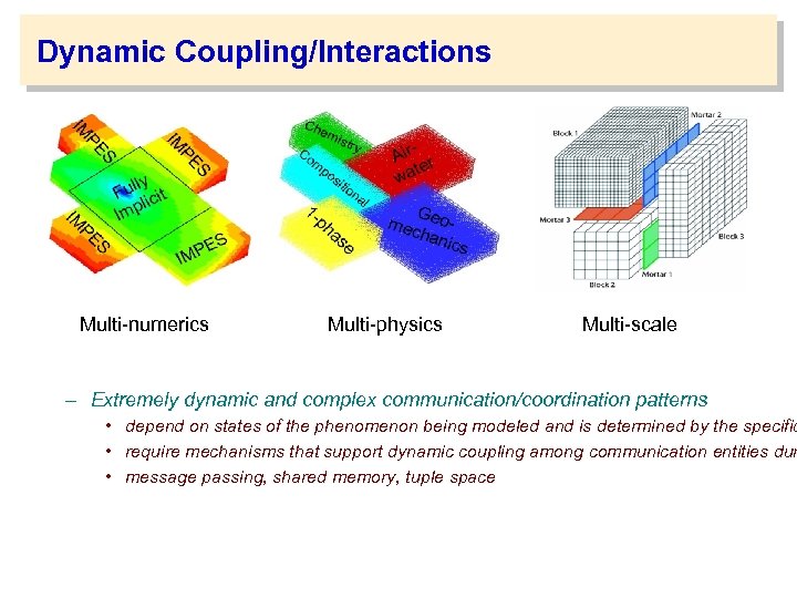 Dynamic Coupling/Interactions Multi-numerics Multi-physics Multi-scale – Extremely dynamic and complex communication/coordination patterns • depend