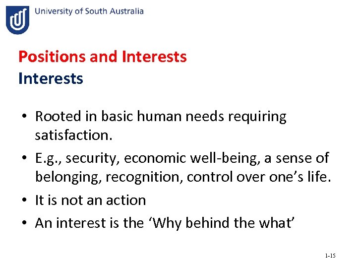 Positions and Interests • Rooted in basic human needs requiring satisfaction. • E. g.