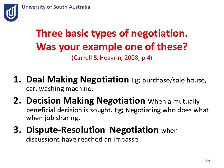 Three basic types of negotiation. Was your example one of these? (Carrell & Heavrin,