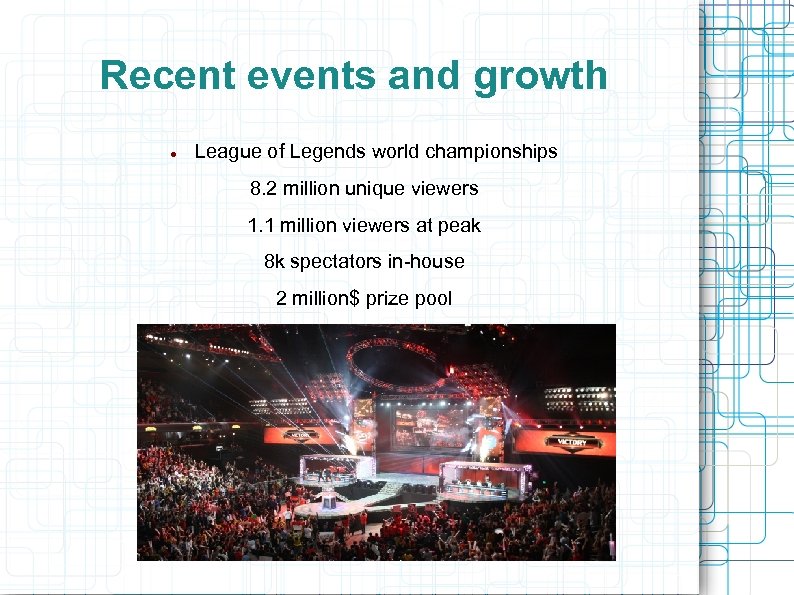Recent events and growth League of Legends world championships 8. 2 million unique viewers