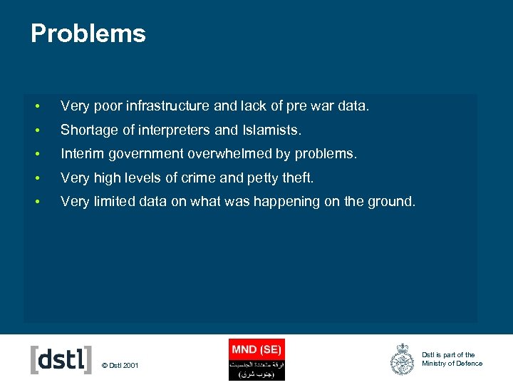 Problems • Very poor infrastructure and lack of pre war data. • Shortage of