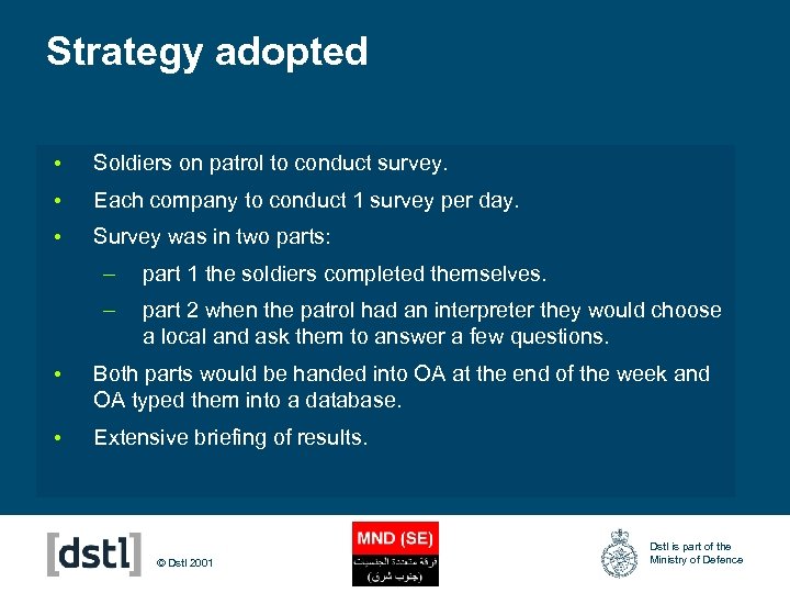 Strategy adopted • Soldiers on patrol to conduct survey. • Each company to conduct