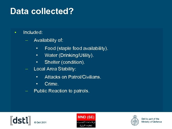 Data collected? • Included: – Availability of: – • Food (staple food availability). •