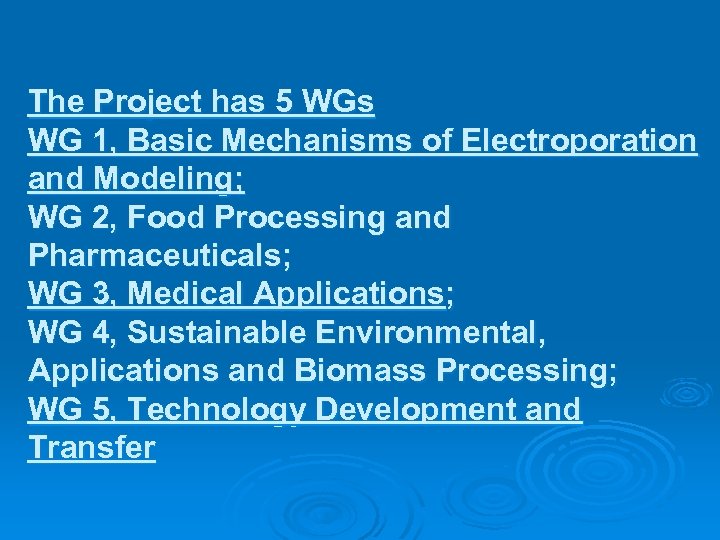 The Project has 5 WGs WG 1, Basic Mechanisms of Electroporation and Modeling; WG