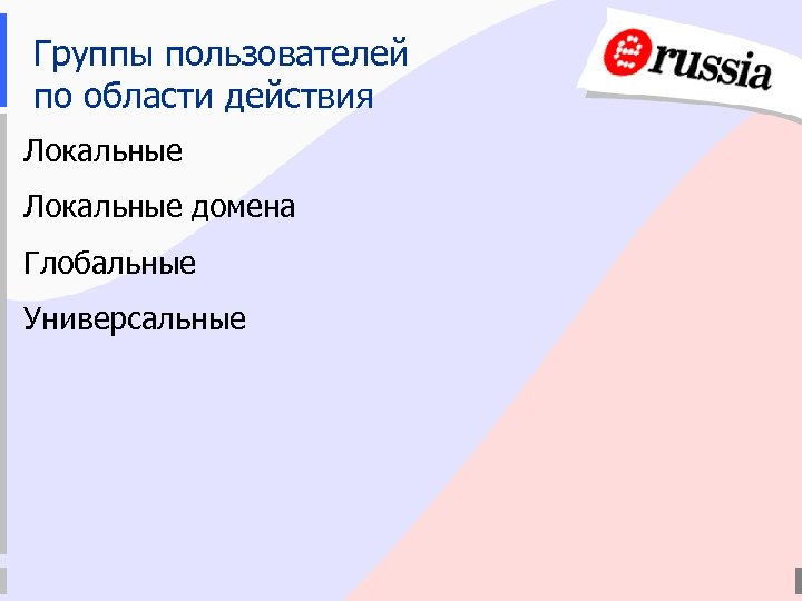 Группы пользователей по области действия Локальные домена Глобальные Универсальные 