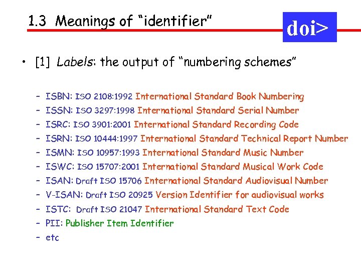 1. 3 Meanings of “identifier” doi> • [1] Labels: the output of “numbering schemes”