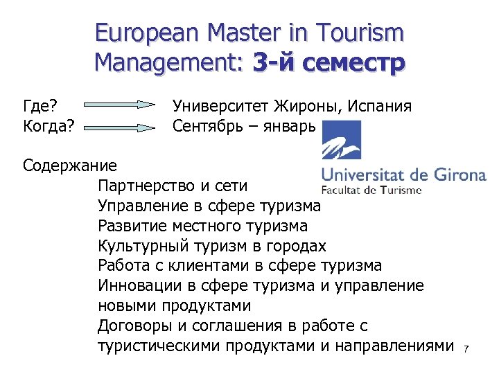 European Master in Tourism Management: 3 -й семестр Где? Когда? Университет Жироны, Испания Сентябрь