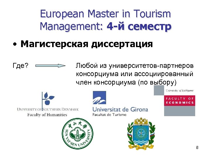 European Master in Tourism Management: 4 -й семестр • Магистерская диссертация Где? Любой из