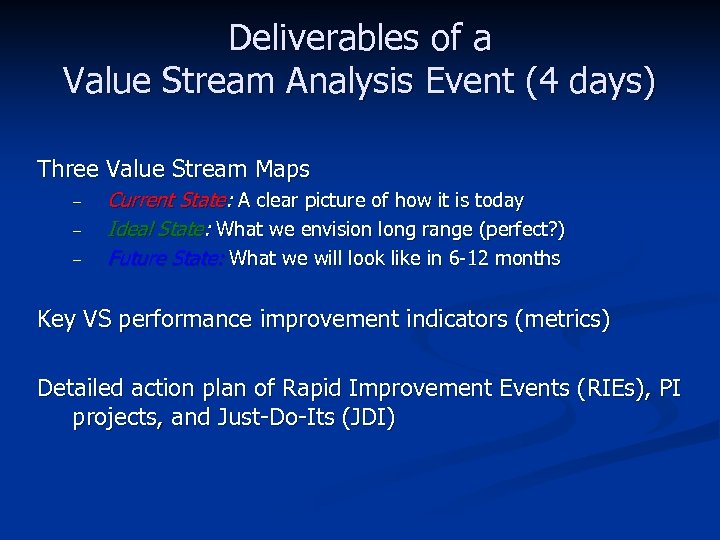 Deliverables of a Value Stream Analysis Event (4 days) Three Value Stream Maps –