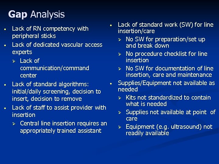 Gap Analysis • • Lack of RN competency with peripheral sticks Lack of dedicated