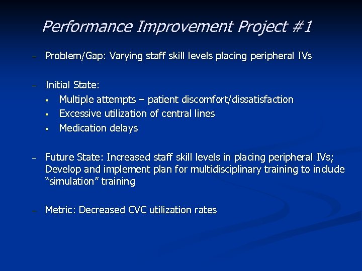 Performance Improvement Project #1 – Problem/Gap: Varying staff skill levels placing peripheral IVs –