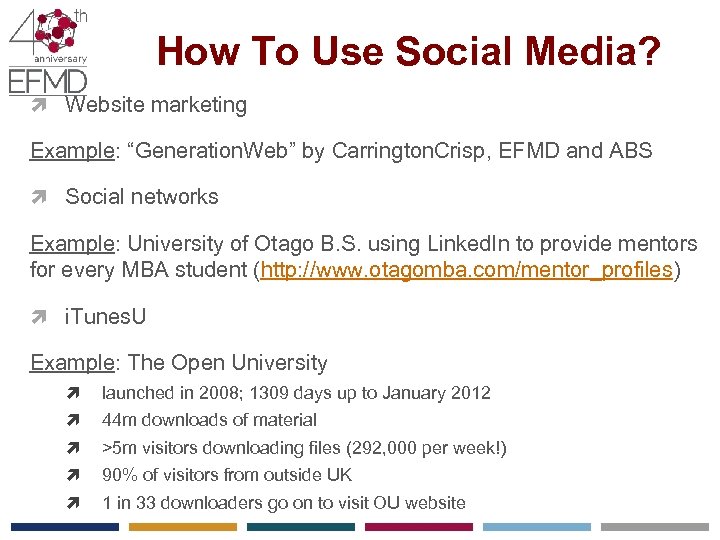 How To Use Social Media? Website marketing Example: “Generation. Web” by Carrington. Crisp, EFMD