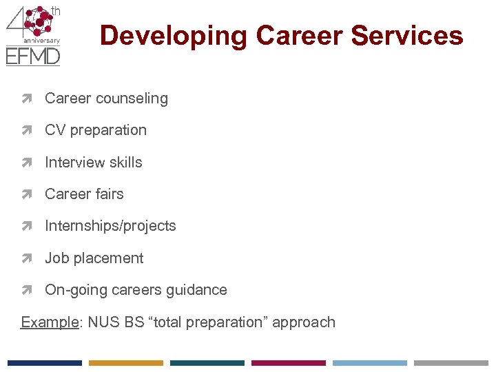 Developing Career Services Career counseling CV preparation Interview skills Career fairs Internships/projects Job placement