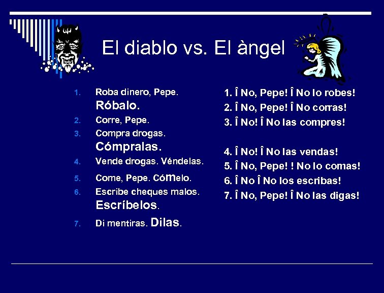 El diablo vs. El àngel 1. Roba dinero, Pepe. Róbalo. 2. 3. Corre, Pepe.