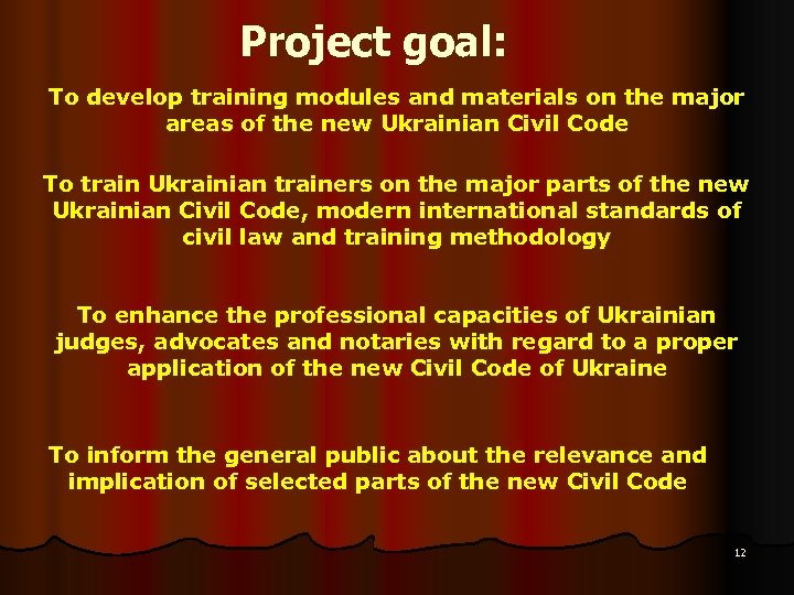 Project goal: To develop training modules and materials on the major areas of the