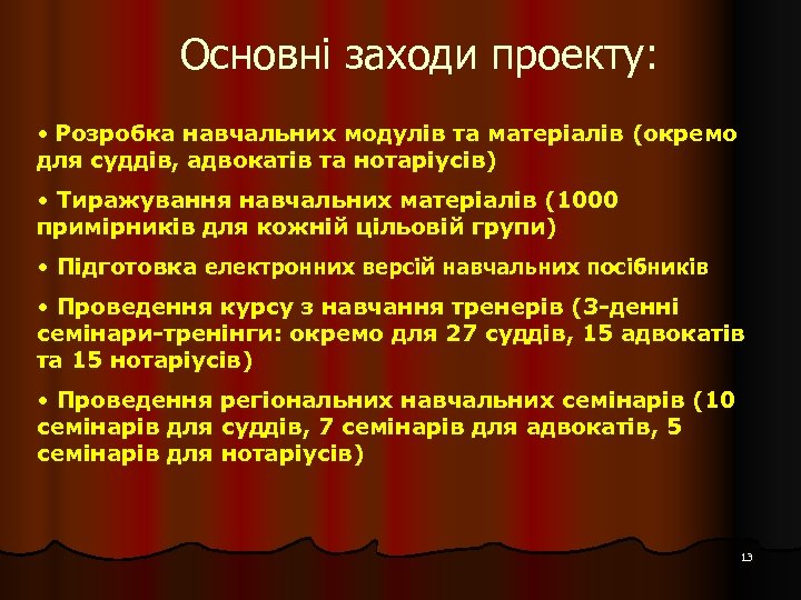 Основні заходи проекту: • Розробка навчальних модулів та матеріалів (окремо для суддів, адвокатів та