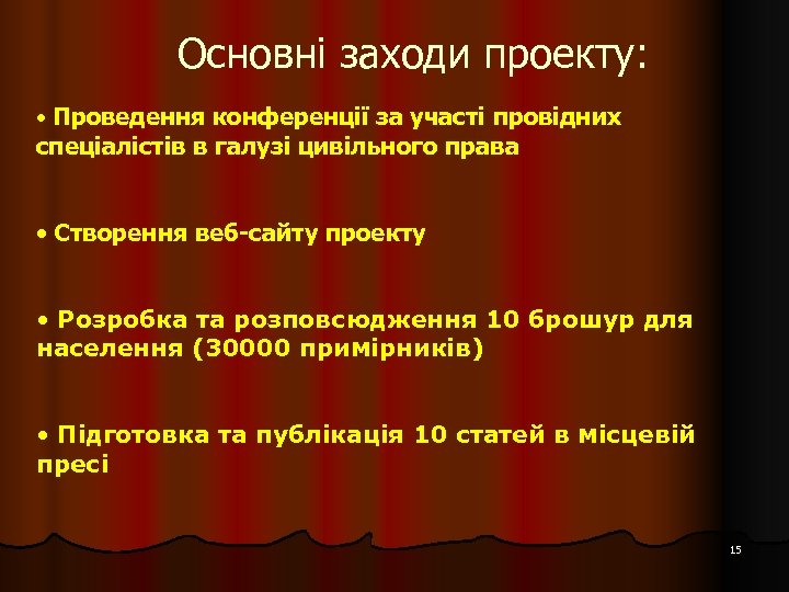 Основні заходи проекту: • Проведення конференції за участі провідних спеціалістів в галузі цивільного права