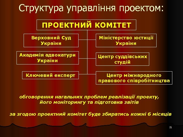 Структура управління проектом: ПРОЕКТНИЙ КОМІТЕТ Верховний Суд України Академія адвокатури України Ключевий експерт Міністерство