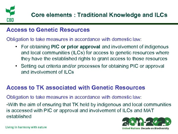 Core elements : Traditional Knowledge and ILCs Access to Genetic Resources Obligation to take