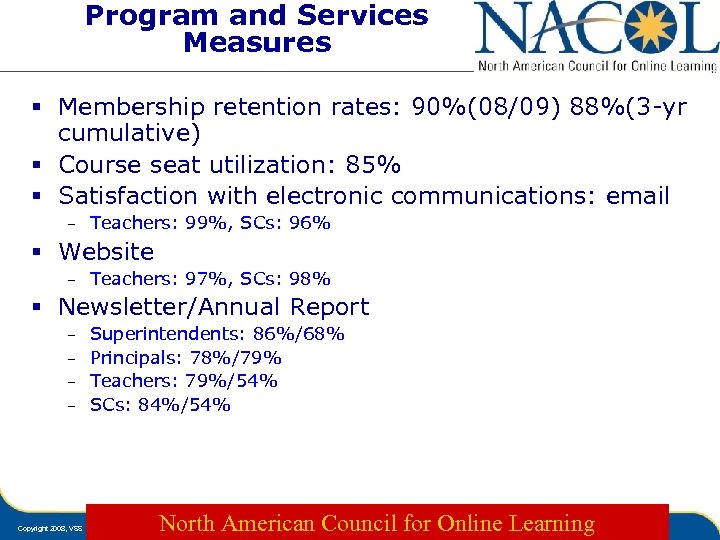 Program and Services Measures § Membership retention rates: 90%(08/09) 88%(3 -yr cumulative) § Course