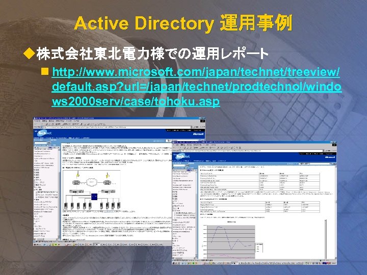 Active Directory 運用事例 u株式会社東北電力様での運用レポート n http: //www. microsoft. com/japan/technet/treeview/ default. asp? url=/japan/technet/prodtechnol/windo ws 2000