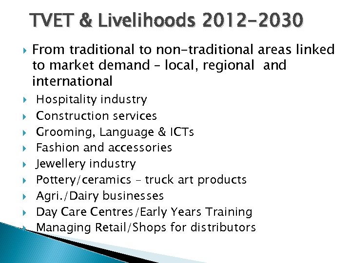 TVET & Livelihoods 2012 -2030 From traditional to non-traditional areas linked to market demand