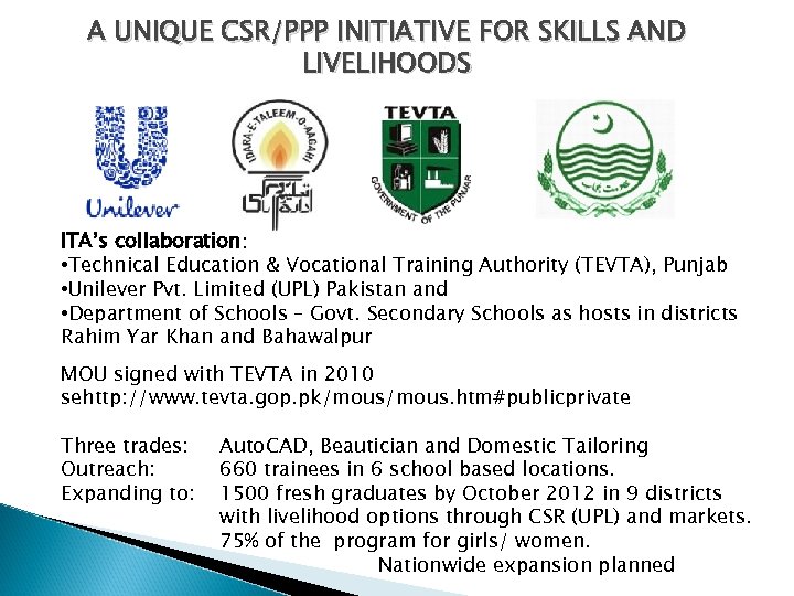 A UNIQUE CSR/PPP INITIATIVE FOR SKILLS AND LIVELIHOODS ITA’s collaboration: • Technical Education &