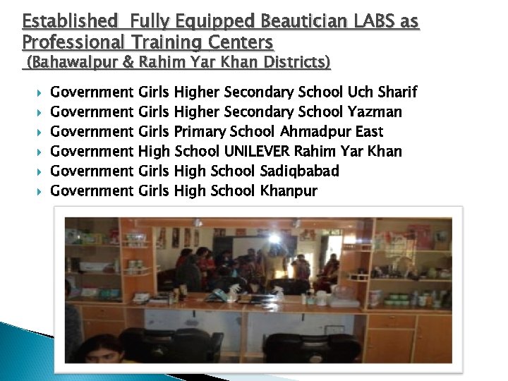 Established Fully Equipped Beautician LABS as Professional Training Centers (Bahawalpur & Rahim Yar Khan