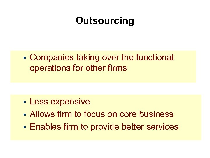 Outsourcing § Companies taking over the functional operations for other firms Less expensive §