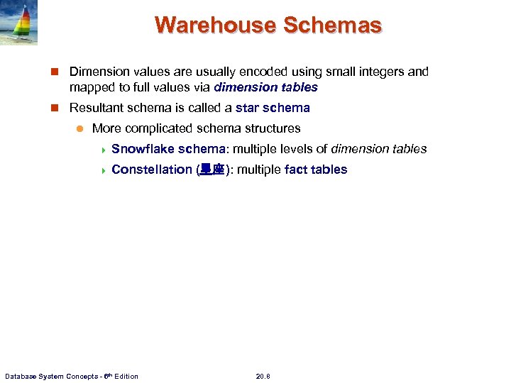 Warehouse Schemas n Dimension values are usually encoded using small integers and mapped to