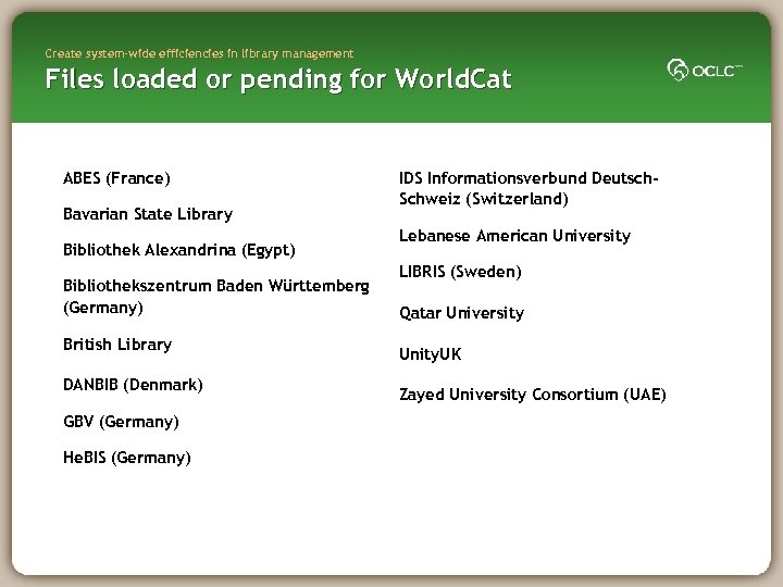 Create system-wide efficiencies in library management Files loaded or pending for World. Cat ABES